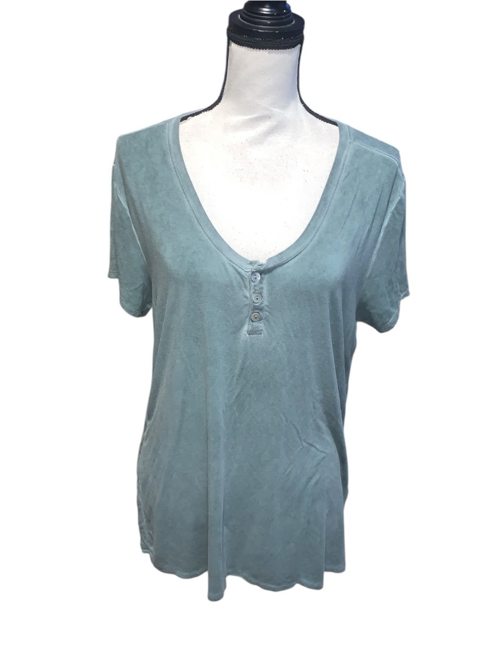 Dear John Washed Sage Short Sleeve Henley Women's Top Lace Up Sides